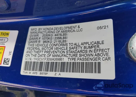 2021 Honda Accord Sport из США, поврежденный, VIN 1HGCV1F30MA069861